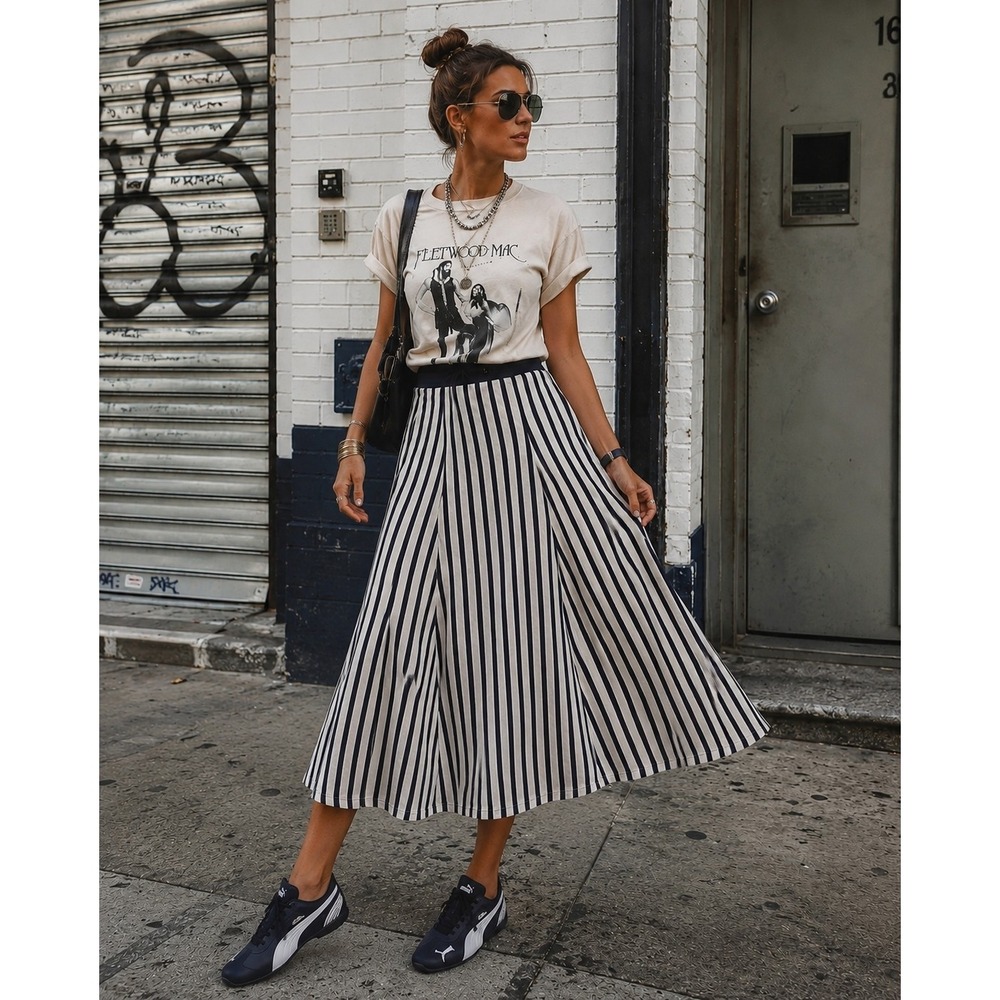 Zara Striped Knit Maxi Skirt Navy Blue Cream Drawstring Waist Long A-Line NEW